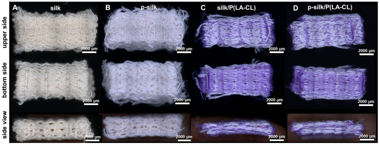 Four embroidered silk scaffold types shown from the upper side, bottom side and in side view